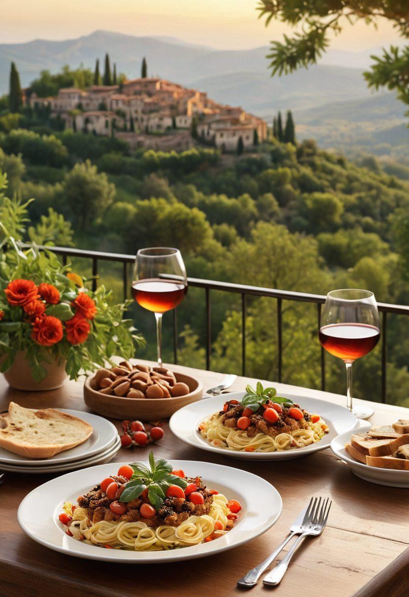A beautifully set table featuring traditional Italian dishes like pasta, bruschetta, and tiramisu, with a scenic view of the Italian countryside in the background. Soft candlelight reflects off elegant wine glasses, and fresh herbs adorn the plates. The atmosphere is warm and inviting, evoking a sense of indulgence and culinary adventure. super-realistic. vibrant colors. 3D.