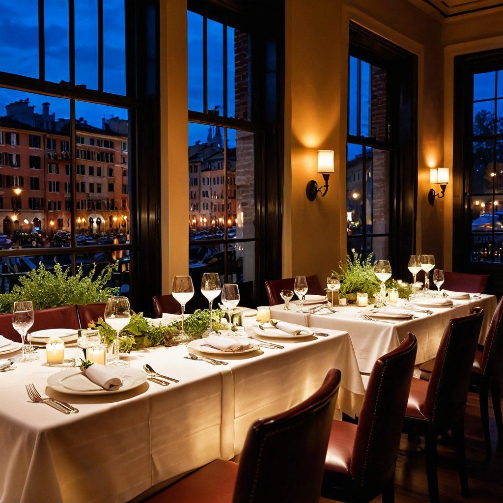 A beautifully set upscale dining table in a cozy, elegant restaurant in Bagnidelfino, showcasing a gourmet meal adorned with vibrant herbs and artistic plating. Soft candlelight and fine china enhance the ambiance, while a view of the scenic Bagnidelfino streets can be seen through a window. Guests enjoying the exquisite meal, dressed elegantly, add a touch of life to the scene. super-realistic. vibrant colors. warm lighting.