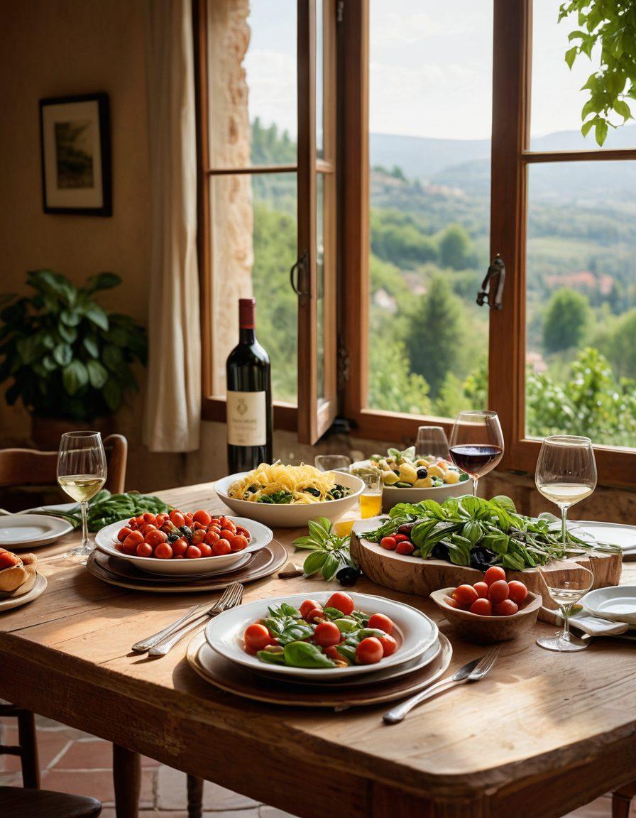 A beautifully set wooden dining table featuring an array of traditional Italian dishes, such as pasta, antipasti, and a fresh Caprese salad. Surrounding the table are elegant wine glasses and a vibrant bottle of red wine, with lush green basil leaves scattered around. A soft, warm light illuminates the scene, enhancing the rustic charm of the table setting. In the background, a quaint Italian landscape can be seen through an open window, adding to the authentic ambiance. super-realistic. warm colors. soft focus.